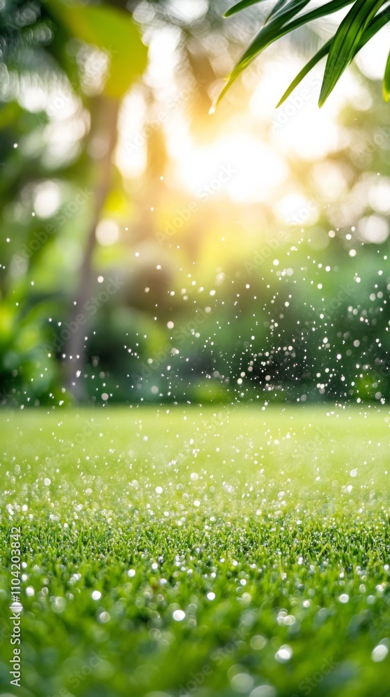 Obraz premium Freshly watered grass glistens in sunlight at a vibrant garden in springtime