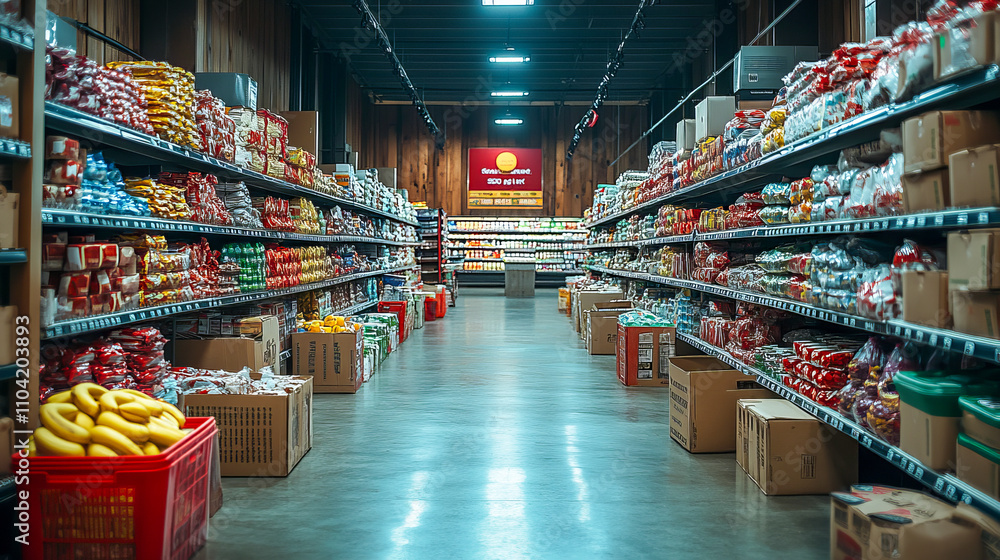 Grocery store aisle with diverse products and cartons