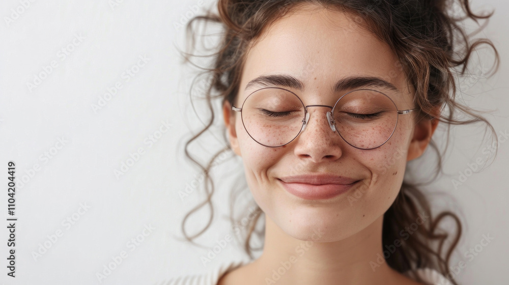 Obraz premium Portrait of a Young Woman with Glasses and Curly Hair Smiling Peacefully Against a White Background