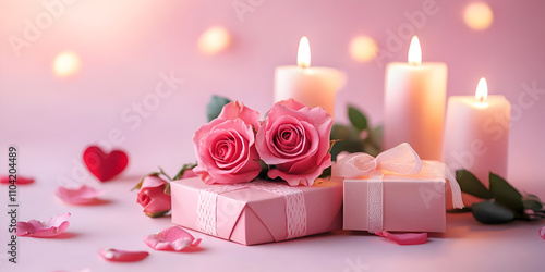 Soft Pink Roses and Candles on a Romantic Table Setting