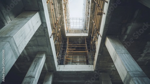 Construction site with formwork structures supporting a concrete second floor.