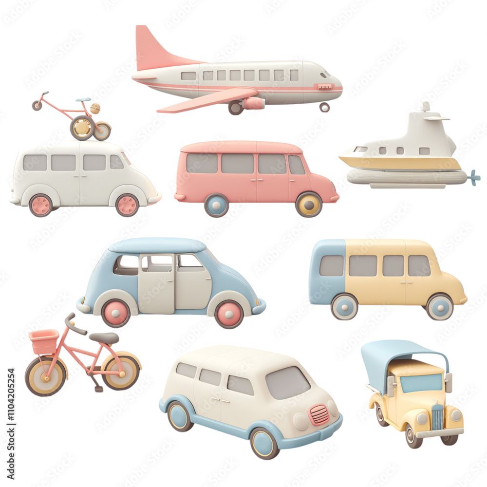 Naklejka premium Set of six unique transportation icons in a cartoon style, showcasing a car, bicycle, bus, train, airplane, and boat