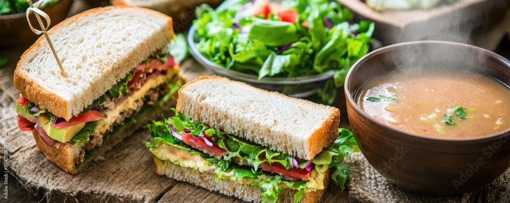 A delicious sandwich with salad and soup on a rustic table, perfect for a healthy meal. A delicious sandwich with salad and soup on a rustic table, perfect for a healthy meal.