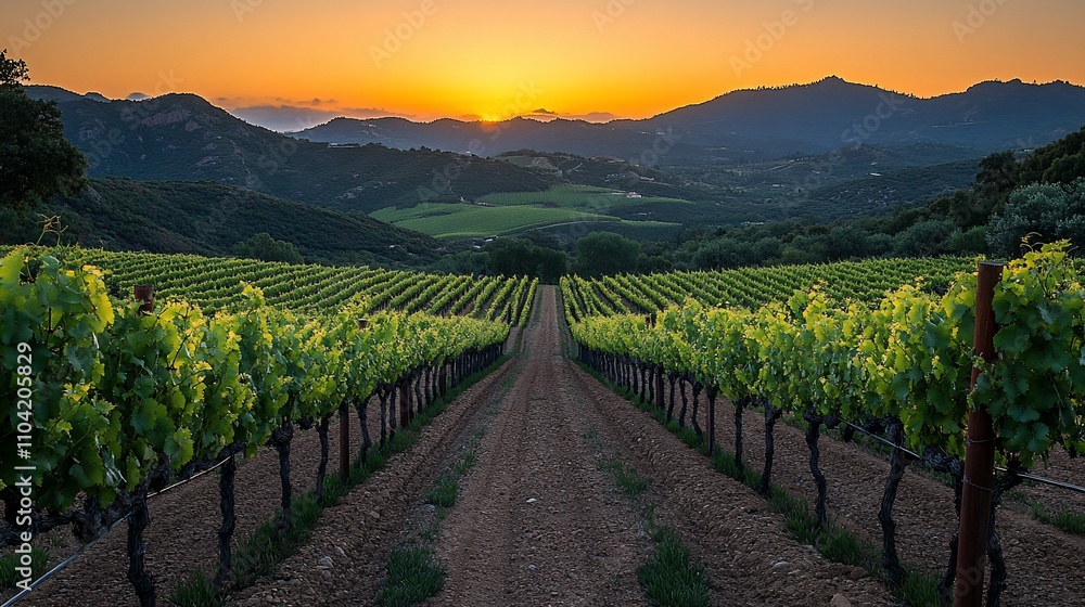 Vineyard sunset landscape. Rows of grapevines lead to a stunning sunset over rolling hills. Vineyard sunset landscape. Rows of grapevines lead to a stunning sunset over rolling hills.