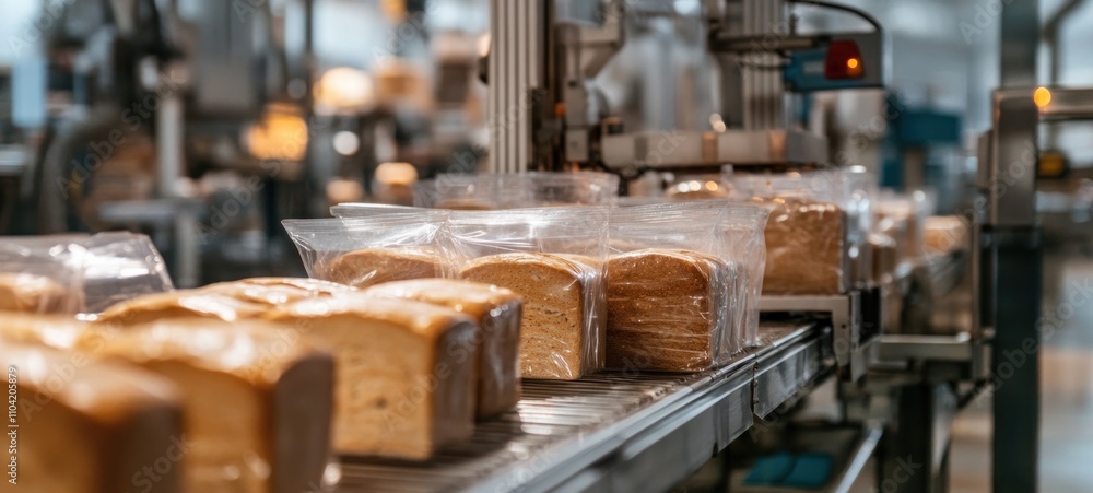 Loaves of Bread on a Conveyor Belt in a Bakery Loaves of Bread on a Conveyor Belt in a Bakery
