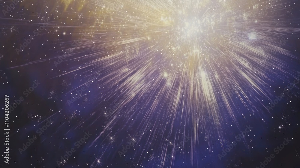 Fototapeta premium A celestial abstract design featuring a radiant starburst in golden and white hues, radiating outward into deep blue and purple gradients. Soft specks of light add a cosmic and tranquil atmosphere.