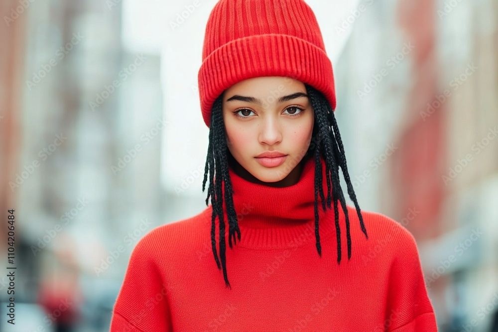 Smiling woman wearing a red beanie and sweater poses in front of a wooden wall Smiling woman wearing a red beanie and sweater poses in front of a wooden wall