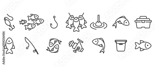 Set of simple Fishing line icons. Contains Icons such as Fisherman's equipment, Fish, fish hook, storage box, net, buoy. Fishing icon in transparent background. Editable stroke. Eps10