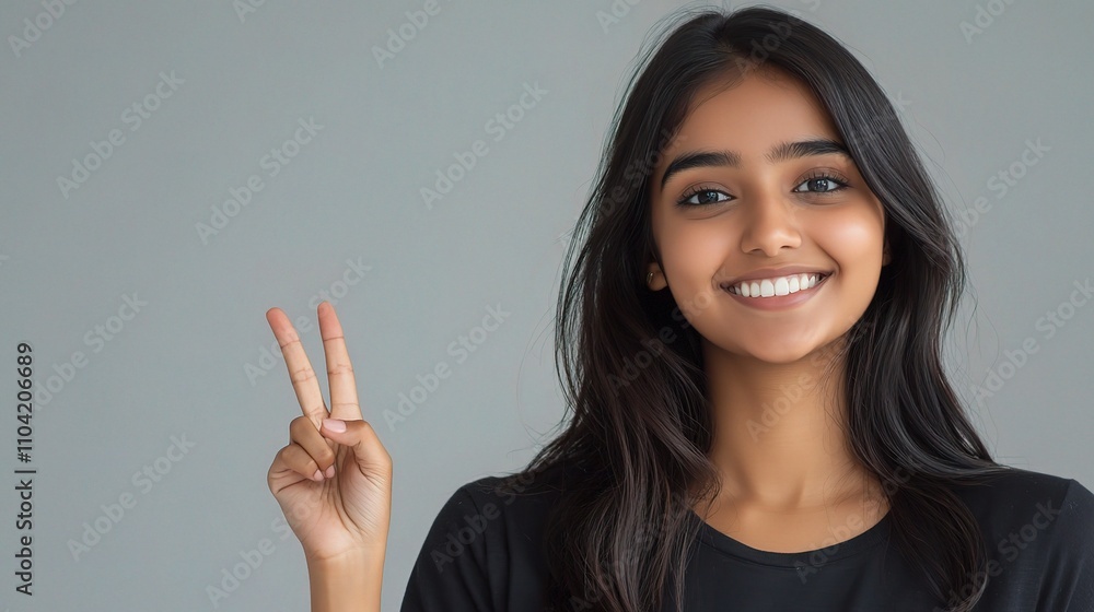 Smiling young woman making peace sign in front of gray background Smiling young woman making peace sign in front of gray background