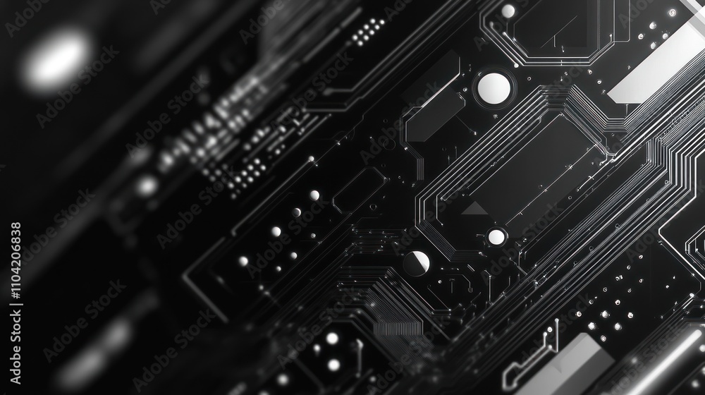 Close-up of a Black Circuit Board with White Lines and Components Close-up of a Black Circuit Board with White Lines and Components