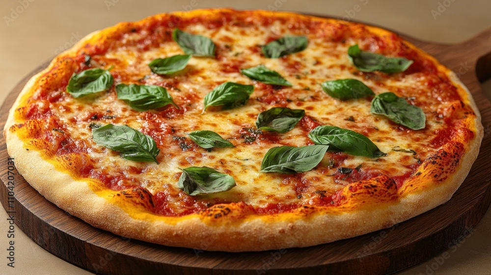 A freshly baked pizza topped with basil leaves on a wooden serving board. A freshly baked pizza topped with basil leaves on a wooden serving board.