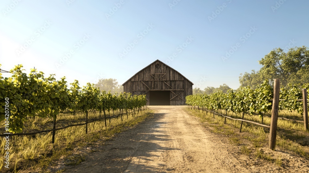 Serene Vineyard Scene with Rustic Barn and Lush Grapevines | Ultra-Detailed Photorealistic Landscape of Winery Setting Serene Vineyard Scene with Rustic Barn and Lush Grapevines | Ultra-Detailed Photorealistic Landscape of Winery Setting