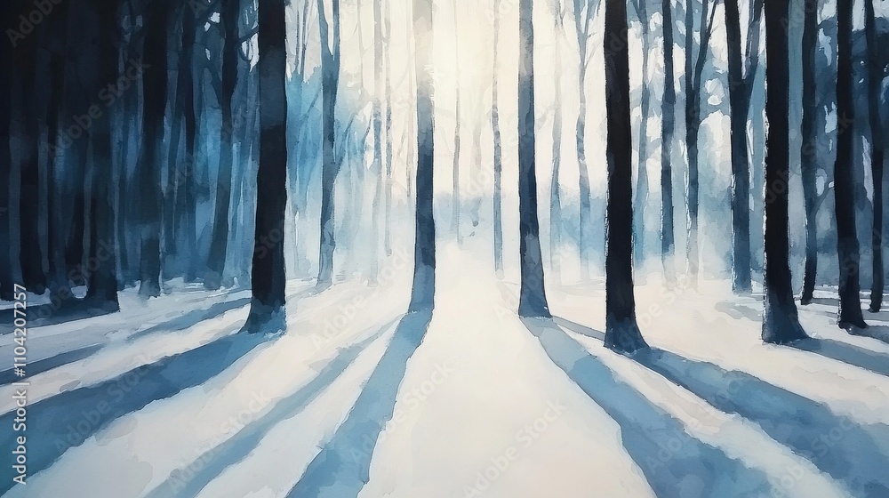 Naklejka premium Snow-covered forest glowing under a pale winter sun, frosted trees casting long shadows, mist rising from the icy ground, serene and chilling