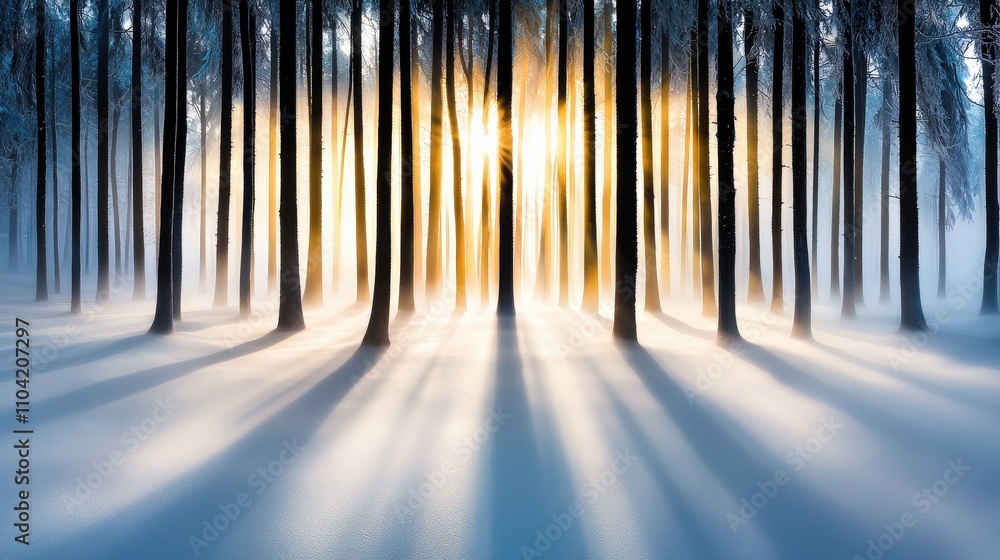 Snow-covered forest glowing under a pale winter sun, frosted trees casting long shadows, mist rising from the icy ground, serene and chilling Snow-covered forest glowing under a pale winter sun, frosted trees casting long shadows, mist rising from the icy ground, serene and chilling