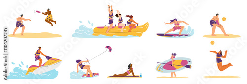 Summer beach and sea sport and leisure activities vector set, playing team games, yoga, surfing, water scooter SUP board