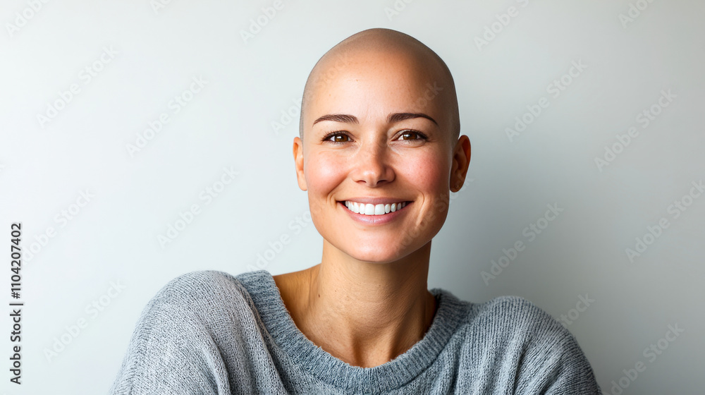 Smiling bald female caucasian adult in gray sweater against white background Smiling bald female caucasian adult in gray sweater against white background