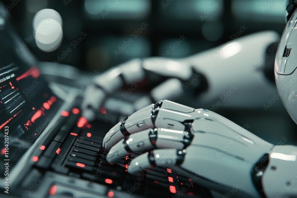 Naklejka premium Advanced robotic hand interacts with computer keyboard in a tech focused environment at night