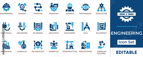 Engineering Icon Set. Features editable icons for construction, architecture, robotics, machinery, technology, and more. Perfect for engineering, industrial, and manufacturing designs.