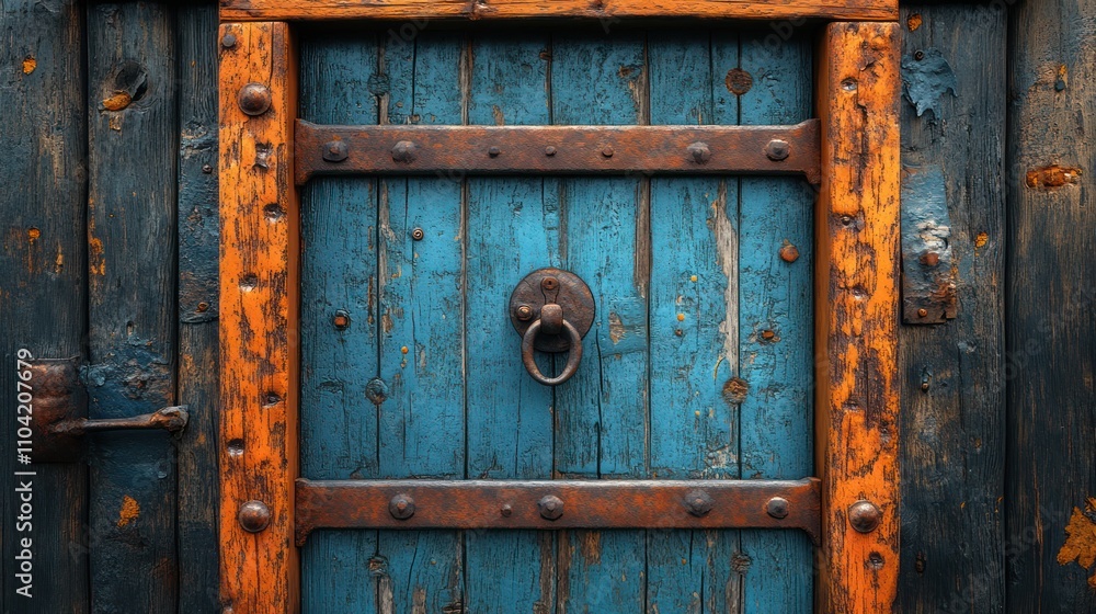 Weathered blue door with orange frame, metal accents, and ring pull. Weathered blue door with orange frame, metal accents, and ring pull.