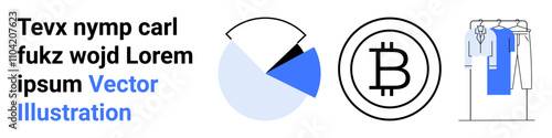 Pie chart showcasing data segments, Bitcoin cryptocurrency icon, clothing rack with hanging garments. Ideal for financial analysis, cryptocurrency, fintech, fashion industry, market trends, business