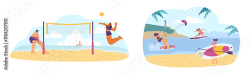 Vector set of beach activities with men and women playing volleyball, board riding, surfing, kitesurfing.