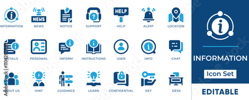 Information Icon Set. Features editable icons for info, help, support, FAQ, news, and more. Perfect for websites, apps, and digital projects.