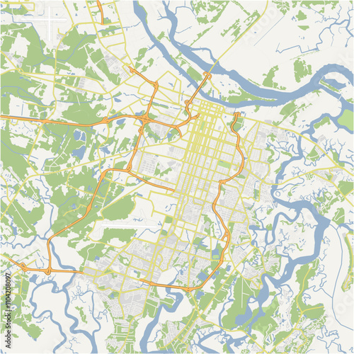 Map of Savannah in Georgia in a normal road map style. Contains layered vector with roads water, parks, etc.
