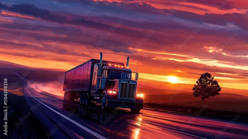 A semi truck glides on a highway at sunset, evoking freedom and adventure in vibrant hues. A semi truck glides on a highway at sunset, evoking freedom and adventure in vibrant hues.