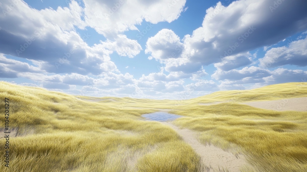 A serene landscape featuring golden grass, a small pond, and a bright blue sky with clouds. A serene landscape featuring golden grass, a small pond, and a bright blue sky with clouds.
