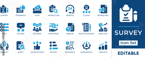 Survey Icon Set. Features editable icons for survey symbols, feedback, polls, questionnaires, research, and more. Perfect for market research, customer satisfaction, and data analysis.