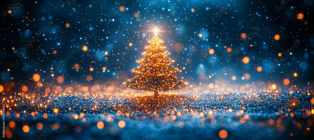 Naklejka premium Glowing christmas tree in winter wonderland with sparkling lights