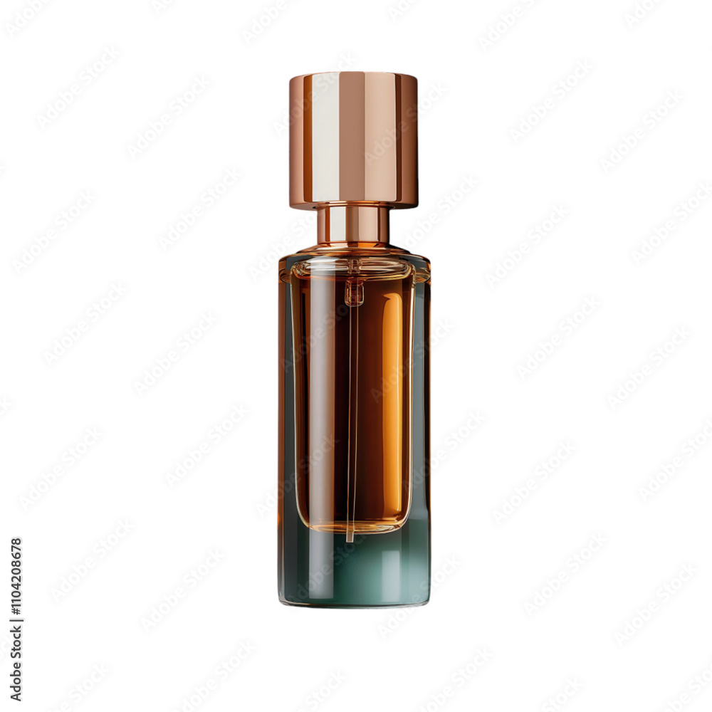 This luxurious cylindrical perfume bottle has a rose gold cap and light amber liquid, beautifully set against a deep green background for striking contrast This luxurious cylindrical perfume bottle has a rose gold cap and light amber liquid, beautifully set against a deep green background for striking contrast