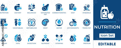 Nutrition Icon Set. Features editable icons for food symbols, diet, health, vitamins, minerals, and more. Perfect for nutrition, health, and fitness designs.