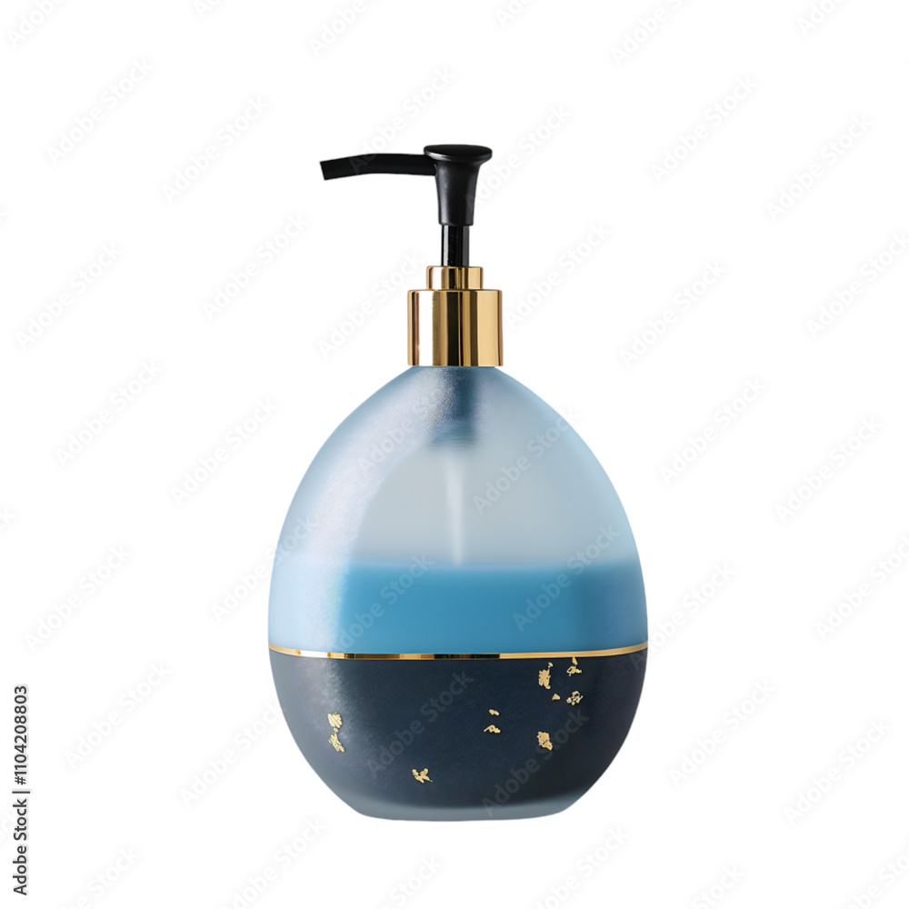 Obraz premium Crafted with an elegant oval shape, this frosted glass dish soap bottle features a blue liquid and a black pump adorned with gold accents, creating a clean and professional look