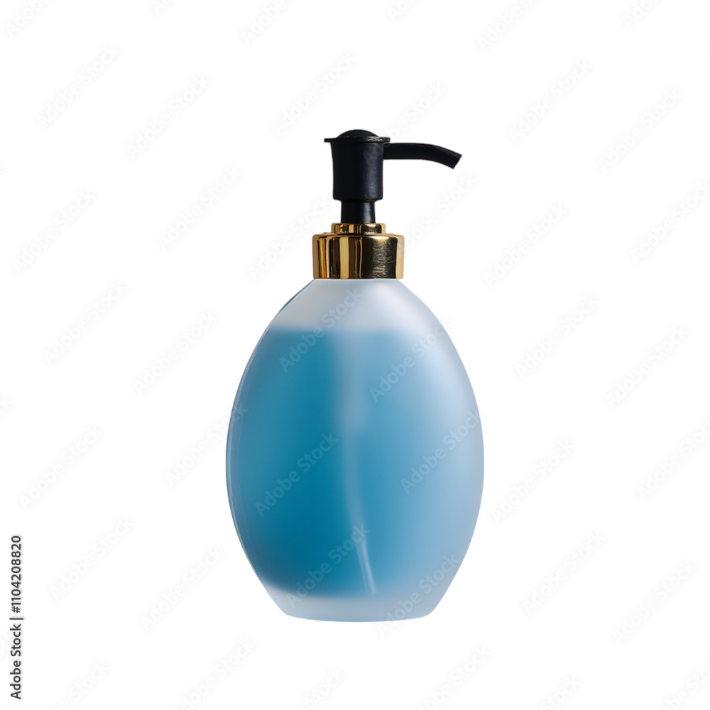 A luxury dish soap bottle features an elegant oval shape and frosted glass design, filled with blue liquid. The black pump with gold accents creates a sophisticated and clean aesthetic A luxury dish soap bottle features an elegant oval shape and frosted glass design, filled with blue liquid. The black pump with gold accents creates a sophisticated and clean aesthetic