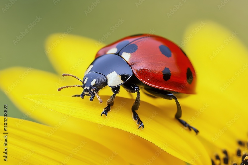 Naklejka premium Colorful ladybug resting on a sunflower in a bright garden during a sunny day