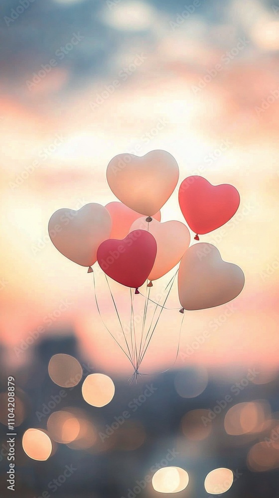 Beautiful heart shaped balloons floating in the sky at twilight Beautiful heart shaped balloons floating in the sky at twilight