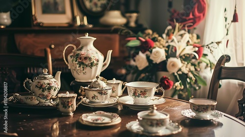 A charming vintage-themed tea party setup with decorations and fine china photo