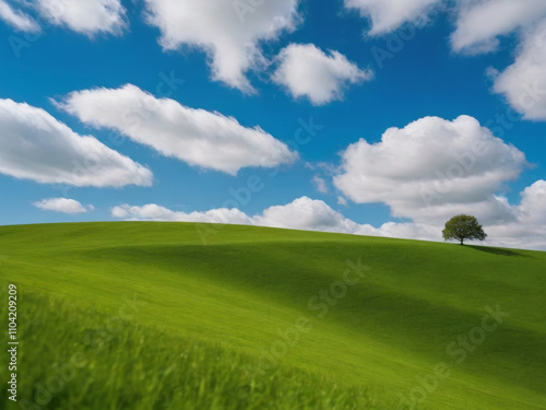 Serene Green Hill with Blue Sky and White Clouds Background