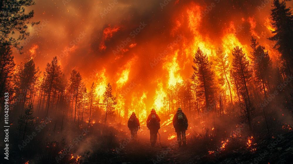 Courageous firefighters battle intense forest blaze underneath fiery sky Courageous firefighters battle intense forest blaze underneath fiery sky