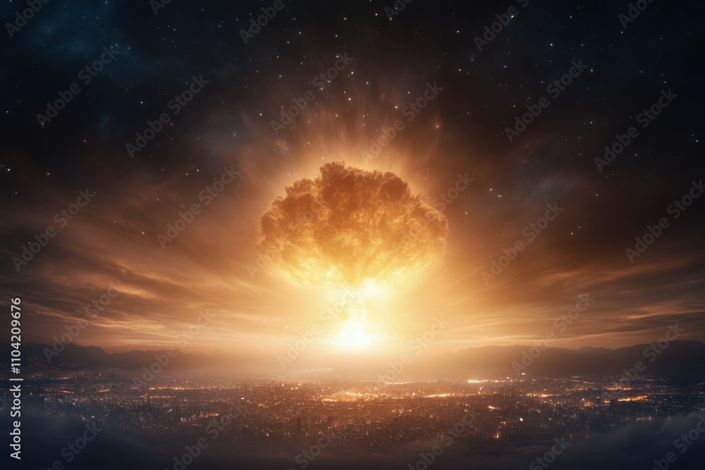 Fototapeta premium Bright explosion lights up the sky over a city during a catastrophic event at dusk