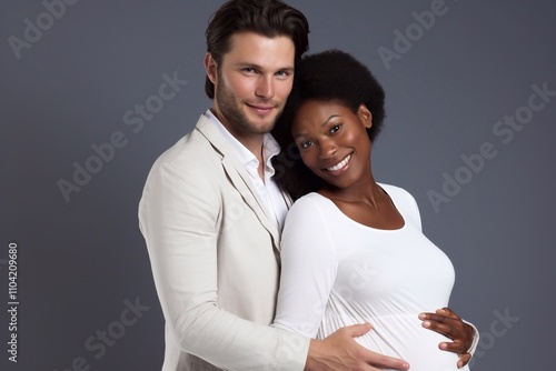  A joyful studio portrait of an interracial couple. A pregnant Black woman in a white dress is embraced lovingly from behind by her European partner, both smiling warmly.