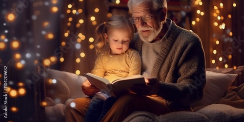 A heartwarming evening scene of a grandfather and granddaughter reading a book together in a cozy home setting, illuminated by soft, warm lighting and gentle highlights.