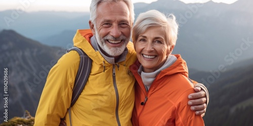 A joyful senior couple hiking in the mountains, smiling warmly at the camera. They radiate happiness and love, embracing adventure and their deep connection amidst stunning nature.
