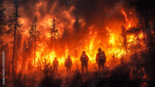 Brave firefighters battling intense forest blaze amidst tall trees at dusk