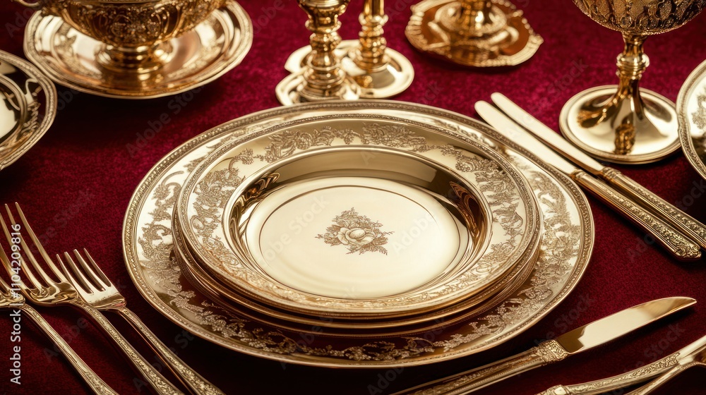 Elegant golden dinnerware set arranged on a rich burgundy tablecloth for a formal dining experience. Elegant golden dinnerware set arranged on a rich burgundy tablecloth for a formal dining experience.