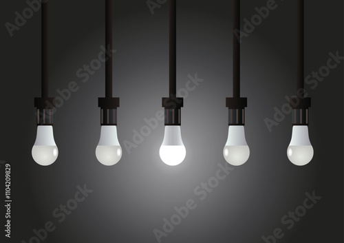 vector light bulbs on dark background. 
set of led lightbulbs with with one glowing. 
idea of innovation, creativity. light on and off
