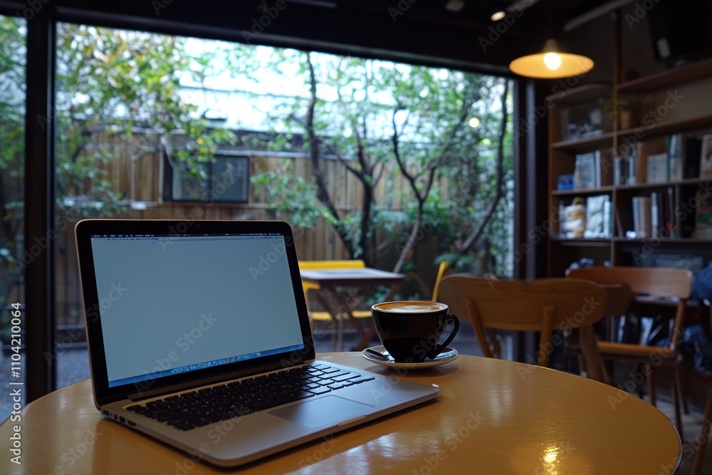 A laptop computer sits on a table in a cafe, with a cup of coffee in the foreground. The window behind the table looks out onto a courtyard with trees and a table and chairs. A laptop computer sits on a table in a cafe, with a cup of coffee in the foreground. The window behind the table looks out onto a courtyard with trees and a table and chairs.