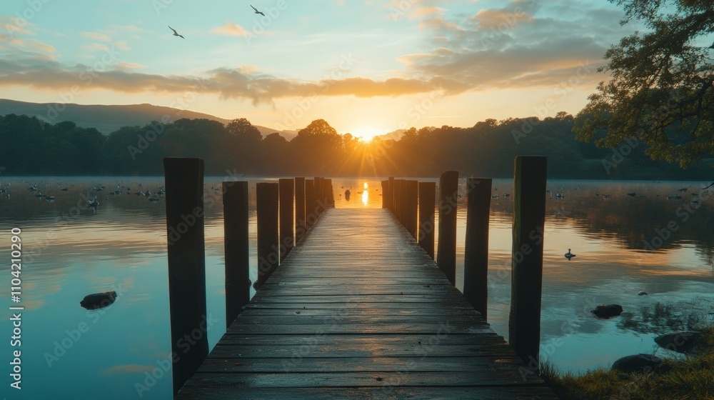 Fototapeta premium Serene Sunrise Over a Tranquil Lake: A Perfect Wooden Pier Retreat for Peace and Reflection