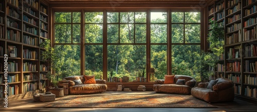 Serene library with large windows overlooking lush greenery, leather sofas, and bookshelves filled with books.